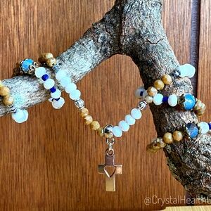 Moonstone + Lapis Lazuli with Austrian Crystals Christian Cross Necklace